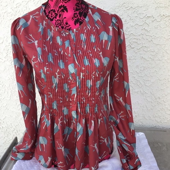 Anthropologie Geisha Designs Deer print red pleated  blouse  XS - Picture 2 of 7